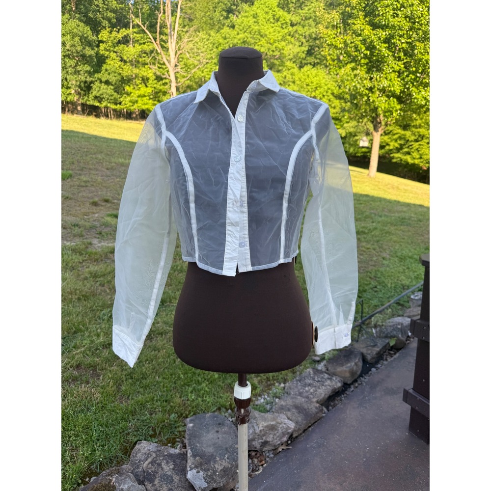 Superdown White Sheer Mesh Cropped Button Down Shirt Long Sleeve corset Medium